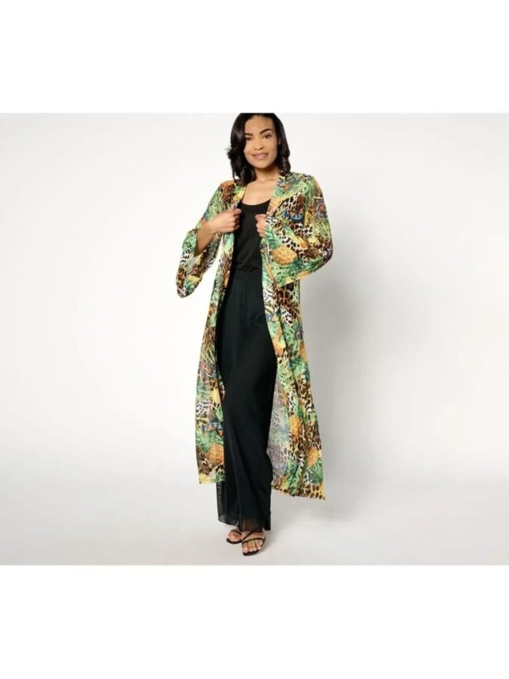 Attitudes by Renee Duster sz 1X Pleated Triple Mesh Green Island Jungle A646376